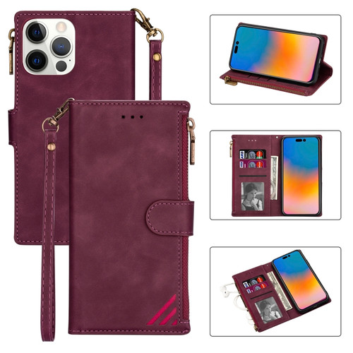 iPhone 14 Pro Zipper Multi-card Slots Horizontal Flip Leather Case - Wine Red