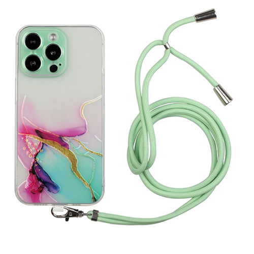 iPhone 14 Pro Hollow Marble Pattern TPU Shockproof Protective Case with Neck Strap Rope - Green