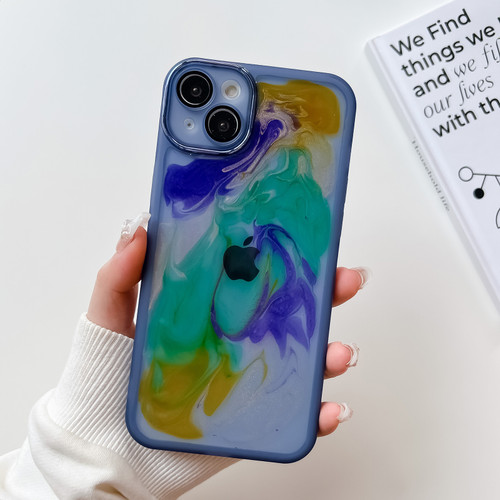 iPhone 14 Plus Oil Painting Electroplating TPU Phone Case - Blue