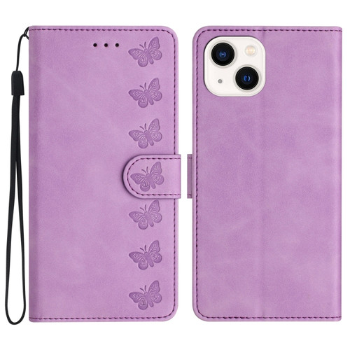 iPhone 14 Plus Seven Butterflies Embossed Leather Phone Case - Purple