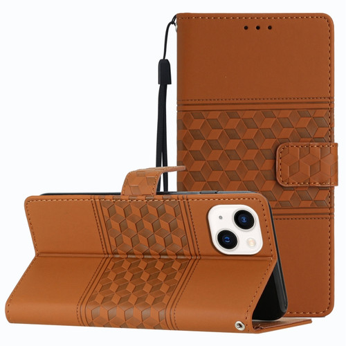 iPhone 14 Plus Diamond Embossed Skin Feel Leather Phone Case with Lanyard - Brown