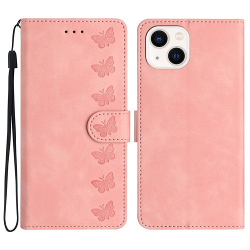 iPhone 14 Plus Seven Butterflies Embossed Leather Phone Case - Pink