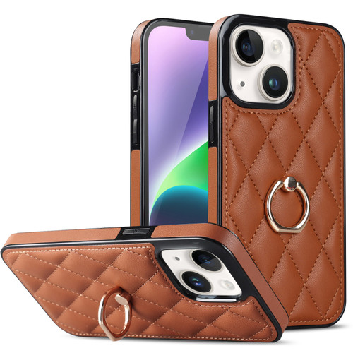 iPhone 14 Plus Rhombic PU Leather Phone Case with Ring Holder - Brown