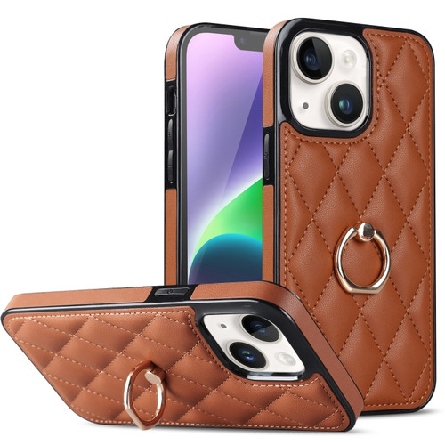 iPhone 14 Plus Rhombic PU Leather Phone Case with Ring Holder - Brown