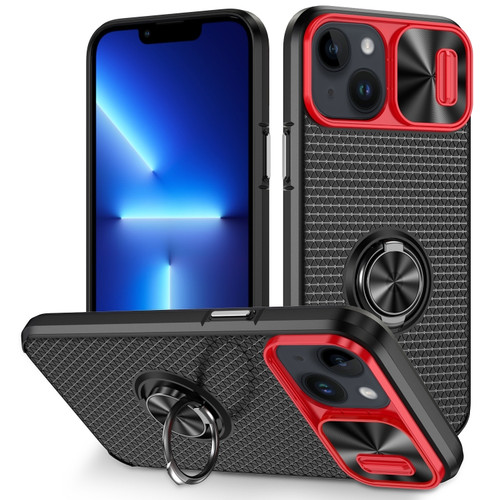 iPhone 14 Plus Sliding Camshield Armor Phone Case with Ring Holder - Red Black