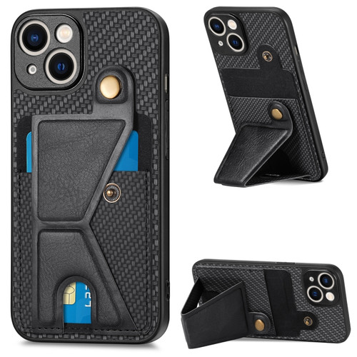 iPhone 14 Plus Carbon Fiber Wallet Flip Card K-shaped Holder Phone Case - Black