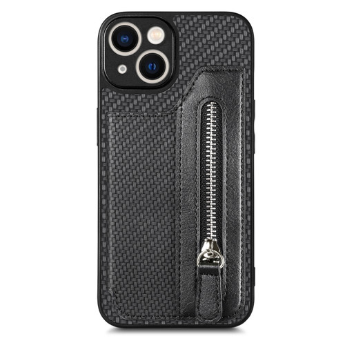 iPhone 14 Plus Carbon Fiber Horizontal Flip Zipper Wallet Phone Case - Black