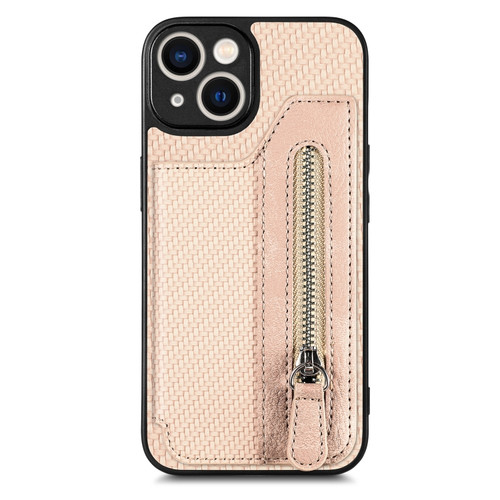 iPhone 14 Plus Carbon Fiber Horizontal Flip Zipper Wallet Phone Case - Khaki