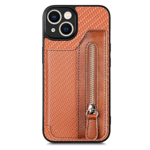 iPhone 14 Plus Carbon Fiber Horizontal Flip Zipper Wallet Phone Case - Brown