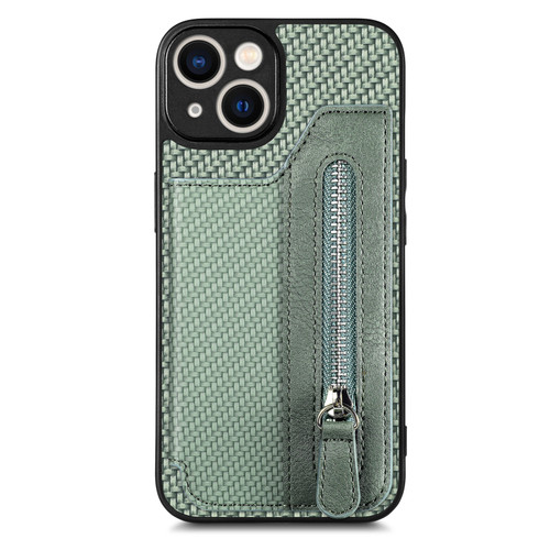 iPhone 14 Plus Carbon Fiber Horizontal Flip Zipper Wallet Phone Case - Green