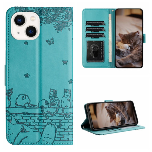 iPhone 14 Plus Cat Embossing Pattern Leather Phone Case with Lanyard - Blue