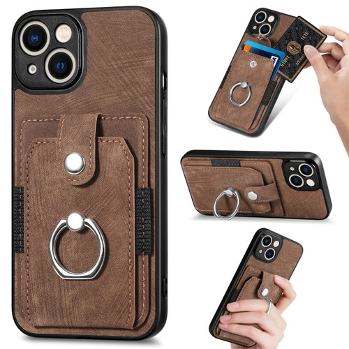 iPhone 14 Plus Retro Skin-feel Ring Card Wallet Phone Case - Brown