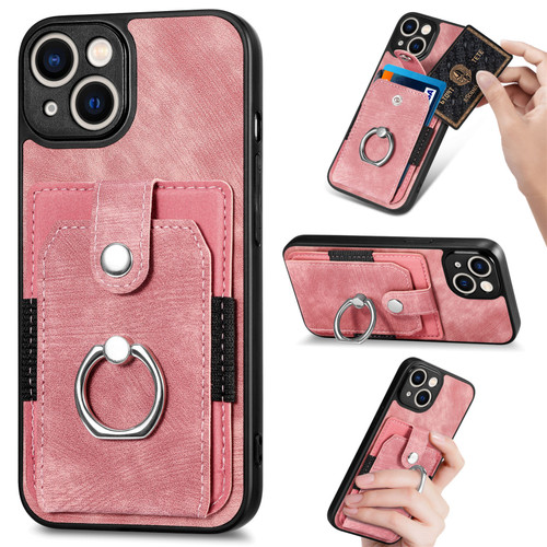 iPhone 14 Plus Retro Skin-feel Ring Card Wallet Phone Case - Pink