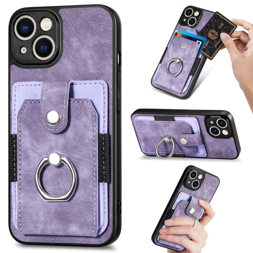 iPhone 14 Plus Retro Skin-feel Ring Card Wallet Phone Case - Purple