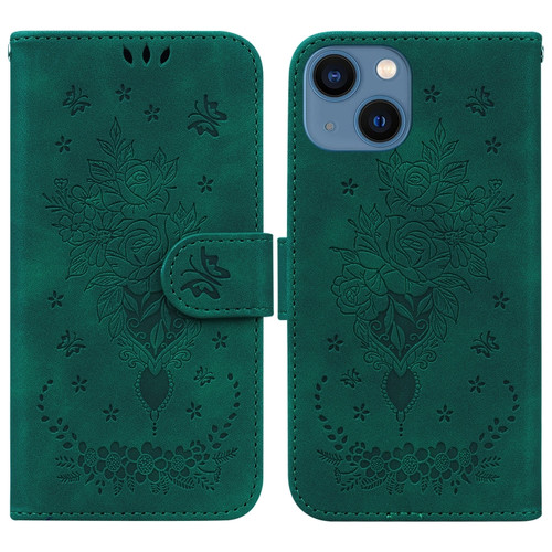 iPhone 14 Plus Butterfly Rose Embossed Leather Phone Case - Green