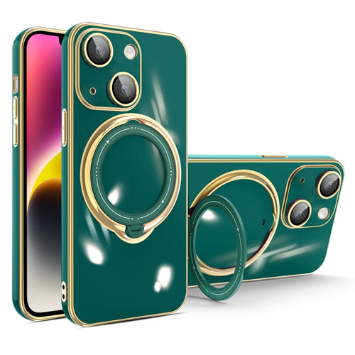 iPhone 14 Plus Multifunction Electroplating MagSafe Holder Phone Case - Dark Green