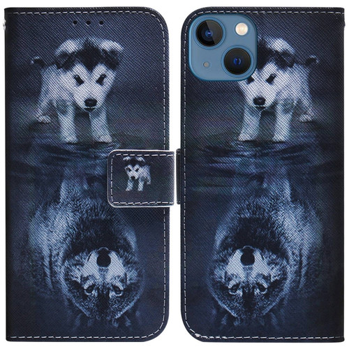 iPhone 14 Plus Coloured Drawing Flip Leather Phone Case - Wolf and Dog