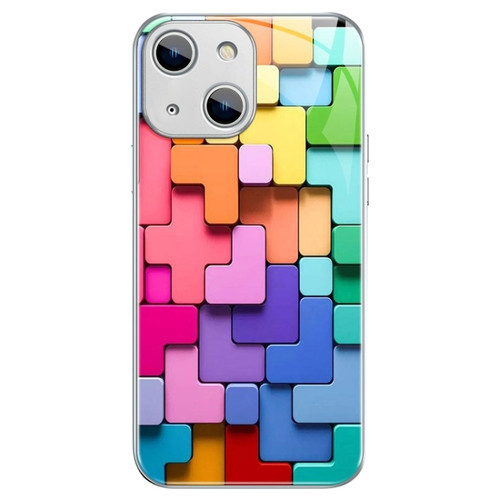 iPhone 14 Plus Colorful Toy Bricks Pattern Shockproof Glass Phone Case - Silver