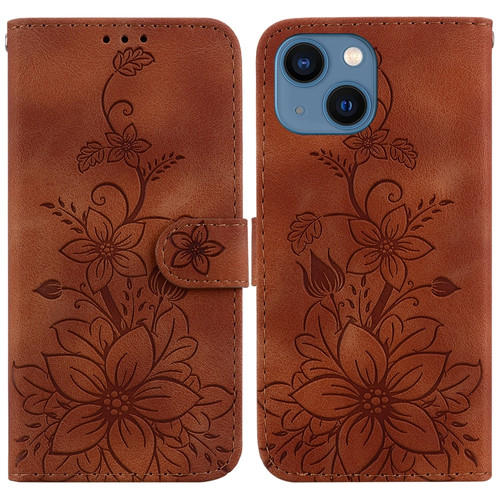 iPhone 14 Plus Lily Embossed Leather Phone Case - Brown