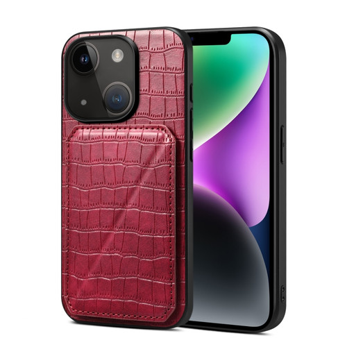 iPhone 14 Plus Imitation Crocodile Leather Back Phone Case with Holder - Rose Red