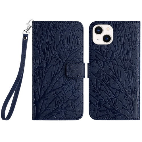 iPhone 14 Plus Tree Birds Embossed Pattern Leather Phone Case - Blue