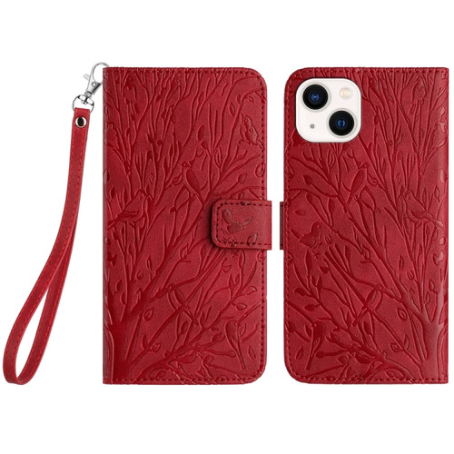 iPhone 14 Plus Tree Birds Embossed Pattern Leather Phone Case - Red
