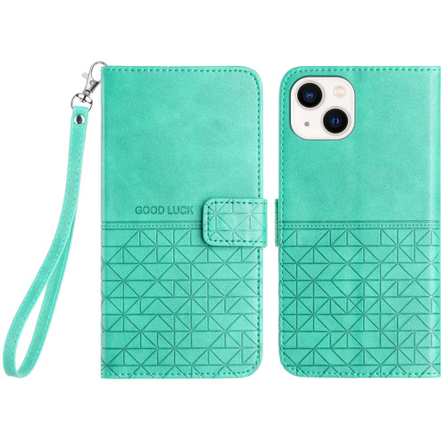 iPhone 14 Plus Rhombic Texture Leather Phone Case with Lanyard - Green