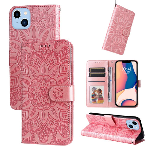 iPhone 14 Plus Embossed Sunflower Leather Phone Case  - Pink