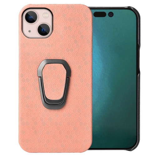iPhone 14 Plus Ring Holder Honeycomb PU Phone Case  - Pink