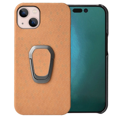iPhone 14 Plus Ring Holder Honeycomb PU Phone Case  - Orange