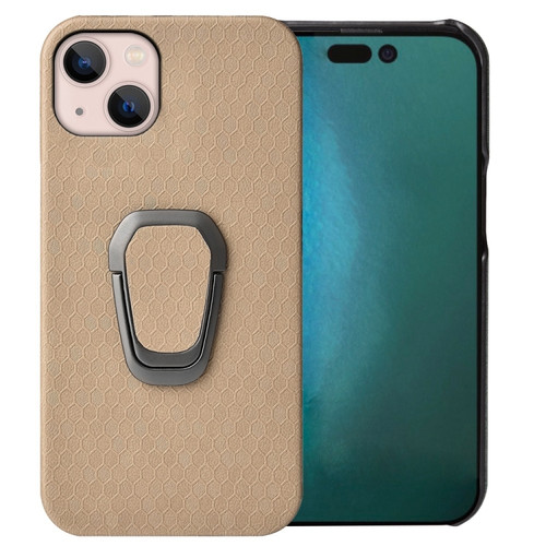 iPhone 14 Plus Ring Holder Honeycomb PU Phone Case  - Coffee