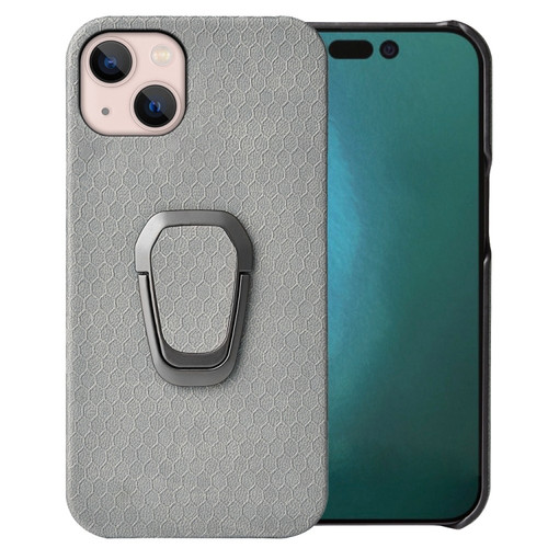 iPhone 14 Plus Ring Holder Honeycomb PU Phone Case  - Grey