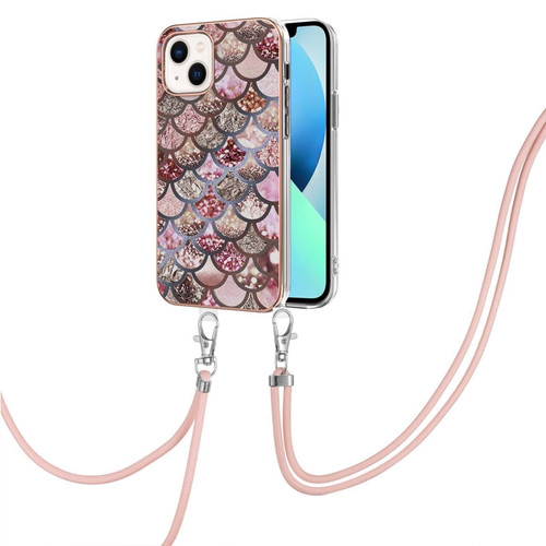 iPhone 14 Plus Electroplating Pattern IMD TPU Shockproof Case with Neck Lanyard  - Pink Scales