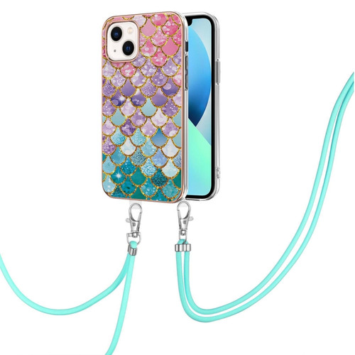 iPhone 14 Plus Electroplating Pattern IMD TPU Shockproof Case with Neck Lanyard  - Colorful Scales