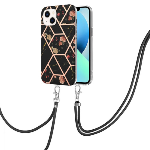iPhone 14 Plus Electroplating Splicing Marble Flower Pattern TPU Shockproof Case with Lanyard  - Black Flower