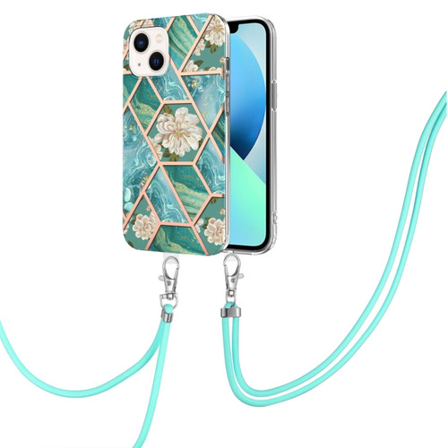 iPhone 14 Plus Electroplating Splicing Marble Flower Pattern TPU Shockproof Case with Lanyard  - Blue Flower