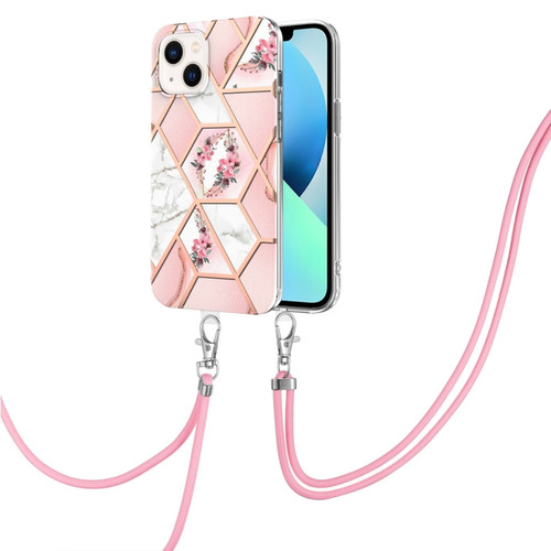 iPhone 14 Plus Electroplating Splicing Marble Flower Pattern TPU Shockproof Case with Lanyard  - Pink Flower
