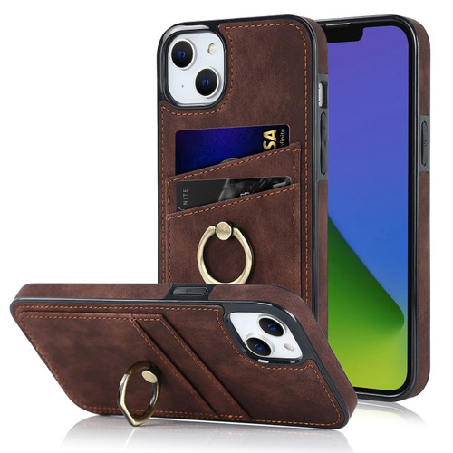 iPhone 14 Plus Vintage Patch Leather Phone Case with Ring Holder  - Brown