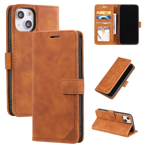 iPhone 14 Plus Skin Feel Anti-theft Brush Horizontal Flip Leather Phone Case - Brown