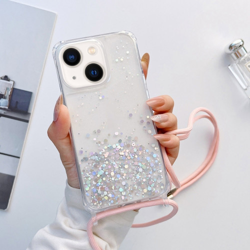 iPhone 14 Plus Lanyard Glitter Epoxy Clear Phone Case  - Pink