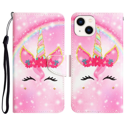 iPhone 14 Plus Colored Drawing Leather Phone Case  - Unicorn