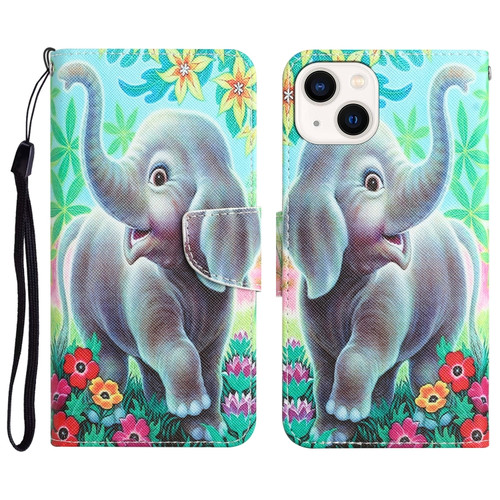 iPhone 14 Plus Colored Drawing Leather Phone Case  - Elephant