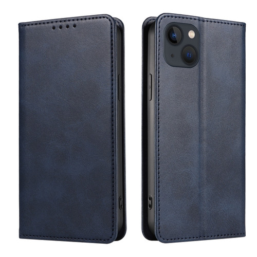 iPhone 14 Plus Calf Texture Magnetic Flip Leather Phone Case  - Blue