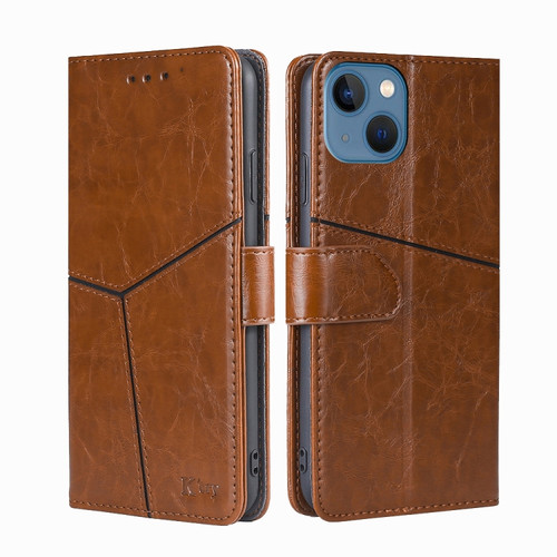 iPhone 14 Plus Geometric Stitching Leather Phone Case  - Light Brown