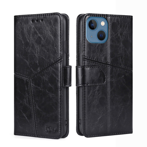 iPhone 14 Plus Geometric Stitching Leather Phone Case  - Black