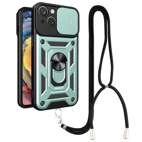 iPhone 14 Plus Lanyard Slide Camshield Ring Phone Case  - Dark Green