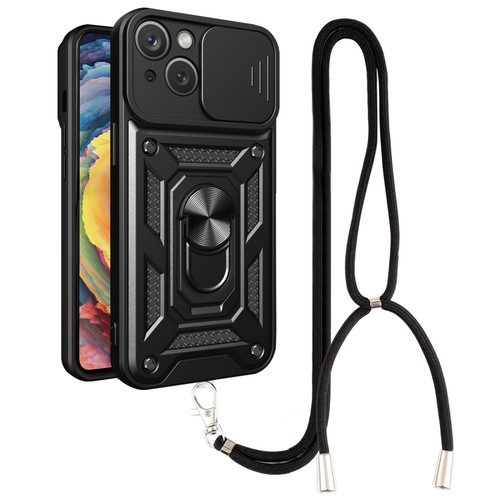 iPhone 14 Plus Lanyard Slide Camshield Ring Phone Case  - Black