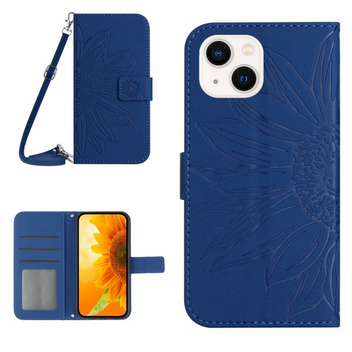 iPhone 14 Plus Skin Feel Sun Flower Pattern Flip Leather Phone Case with Lanyard - Dark Blue