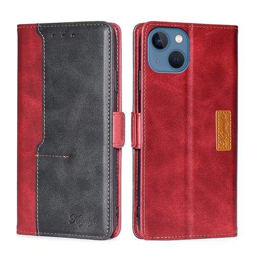iPhone 14 Plus Contrast Color Side Buckle Leather Phone Case  - Red + Black