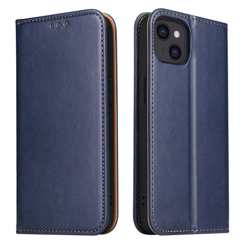 iPhone 14 Plus Fierre Shann PU Genuine Leather Texture Leather Phone Case  - Blue